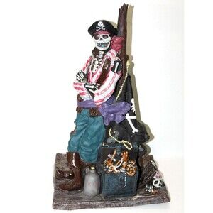 Illusive Concepts PVC Halloween Pirate Skeleton Treasure Chest Statuette 19" Vtg